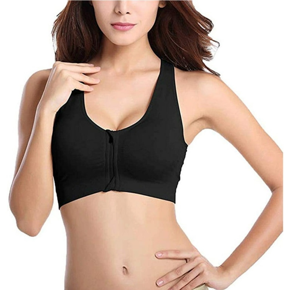 (A7) NEW Women's Zip‎ Front Black Wireless Active Yoga Sports Bra, Size XL, NWOT